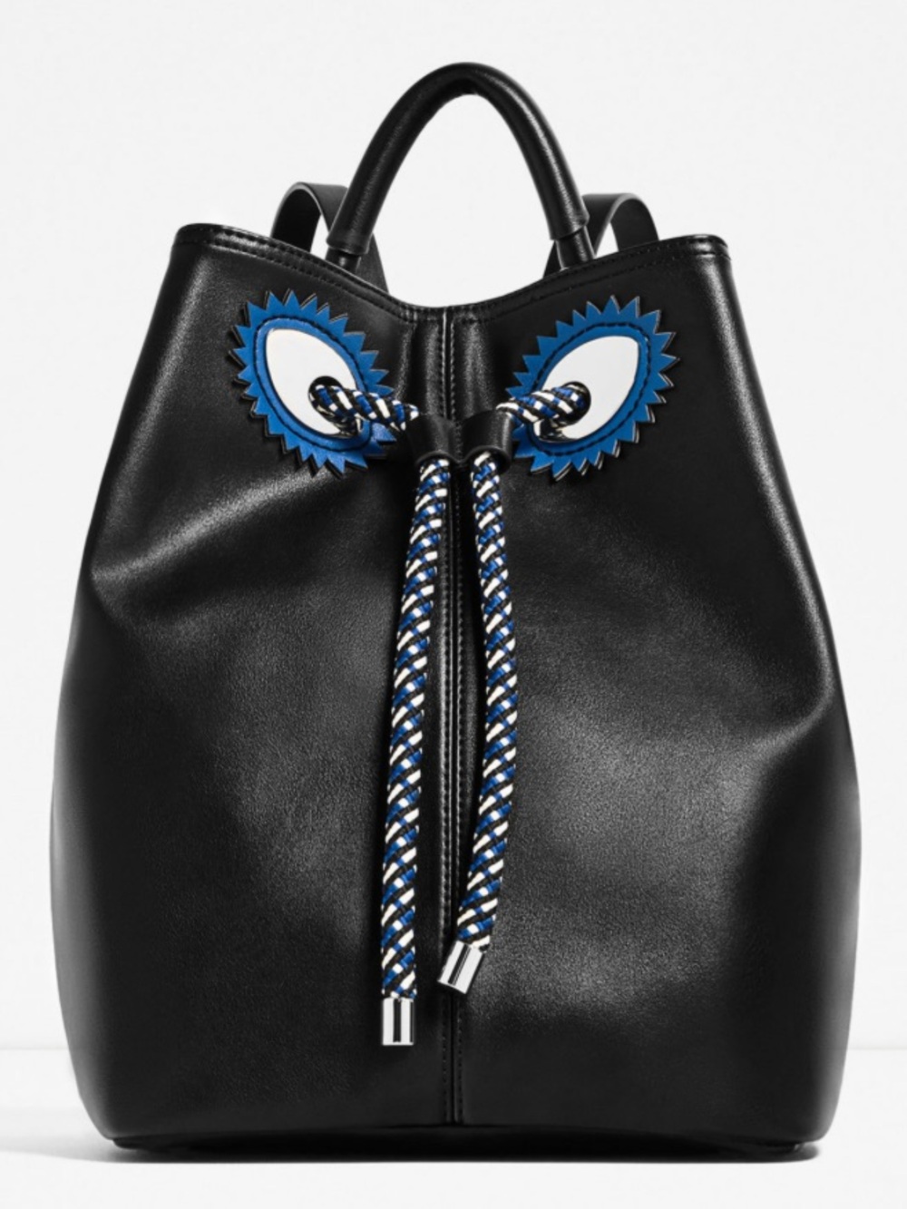 Zara Black Leather Drawstring Backpack with Blue Eye Detail